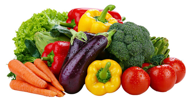 Fresh vegetables assortment with water droplets carrots eggplants bell peppers broccoli tomatoes lettuce, artichokes