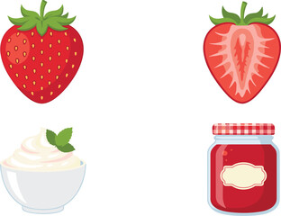Fresh strawberry berry vector illustration set with whole berry half cut fruit glass jar of homemade sweet jam and whipping cream bowl with mint leaf isolated on white background © MdSazib