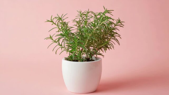 A small potted plant with green leaves placed on a pink surface.
