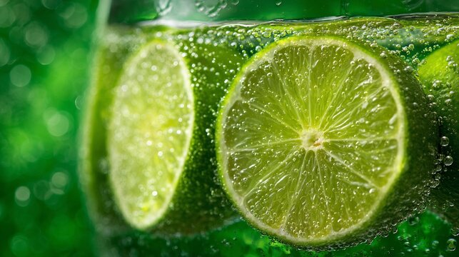 Close-up of fresh lime slices floating in carbonated water with air bubbles and surface tension
