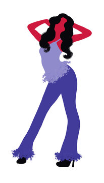 Trendy aesthetic girl posing in retro blue flare trousers with faux fur trim, modern abstract lifestyle clipart