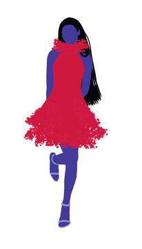 Vibrant minimalist woman silhouette in avant-garde fluffy red dress, abstract faceless female fashion graphic