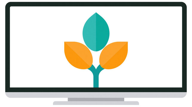 Flat design computer monitor displaying a teal and orange plant sprout