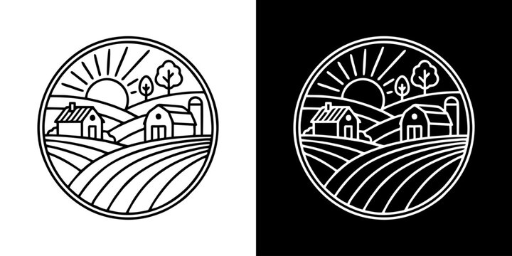 Farmers watch sunrise over rolling hills and fields with barns and silos