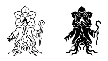 Minstrel of Nature: A stylized depiction of a mythical nature spirit, embodying the essence of flora, stands with a staff, its face a blooming flower with an open mouth. © Md