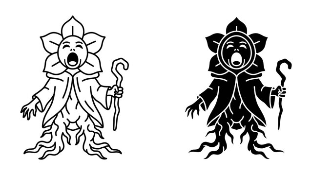Minstrel of Nature: A stylized depiction of a mythical nature spirit, embodying the essence of flora, stands with a staff, its face a blooming flower with an open mouth.