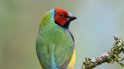 Obraz premium Colorful Gouldian finch bird perched on mossy branch with vibrant green blue and red feathers in macro photography