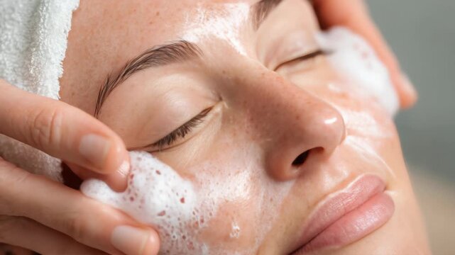Soft hands gently massage face with cream. Eyes closed, face relaxed, towel wrapped around head. Skin glows with gentle care and soothing touch. Close-up focuses on facial treatment, serene expression