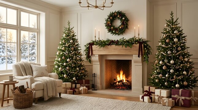 Cozy living room with christmas trees and fireplace