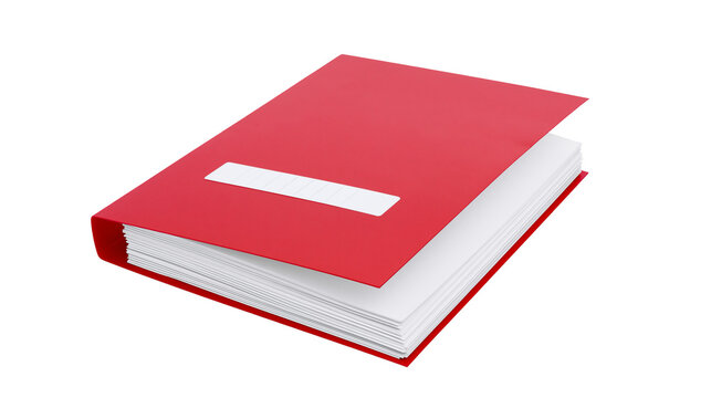 Red folder with white label and stack of white paper sheets