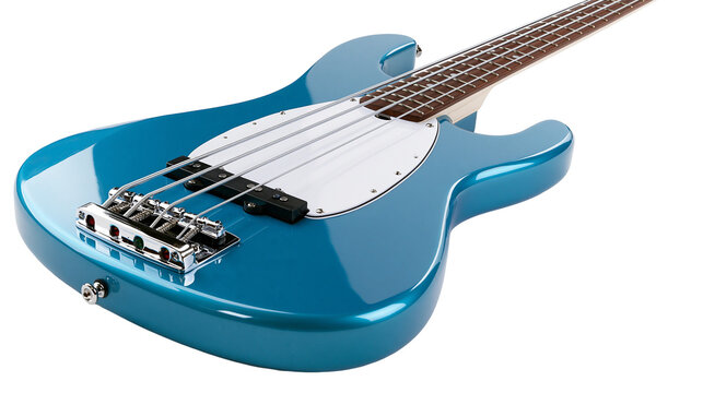 Blue electric bass guitar with white pickguard and chrome hardware