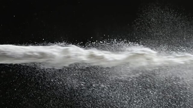 A horizontal stream of fine white powder explodes and disperses dramatically against a solid black background.
