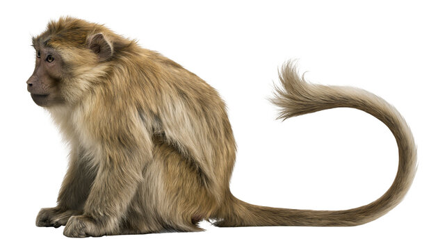 Barbary macaque monkey sitting profile view with curved tail