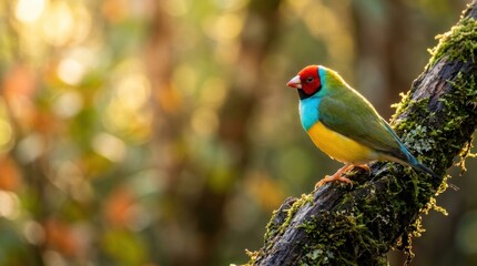 Fototapeta premium Colorful Gouldian finch perched on moss covered tree branch in natural outdoor setting macro photography