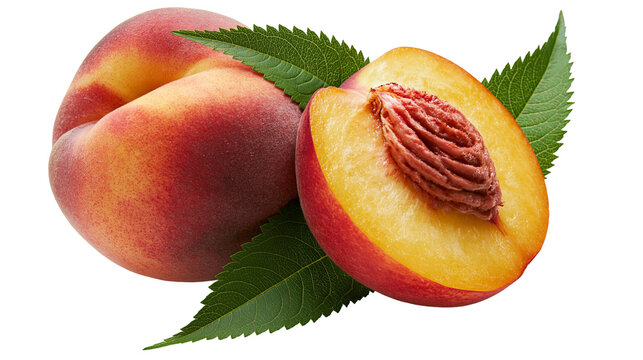 Whole and halved ripe peaches with green leaves