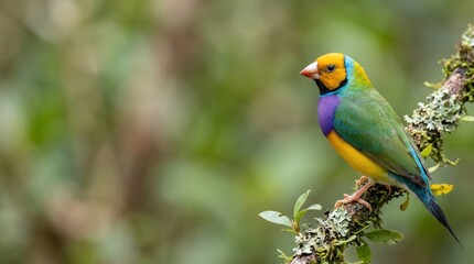 Fototapeta premium Colorful Gouldian finch perched on mossy branch with blurred green forest background macro photography for PC wallpaper