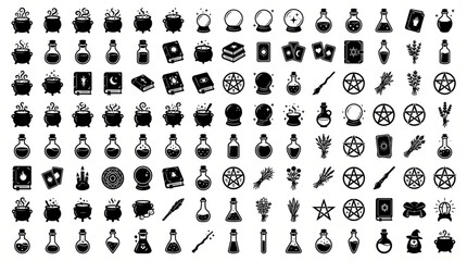 Collection of witchcraft and magic potion silhouette design element art. Happy Halloween Vector silhouette icons including cauldron, spellbook, crystal ball, pentagram, broom, wand, and herbs. © Itx Musa