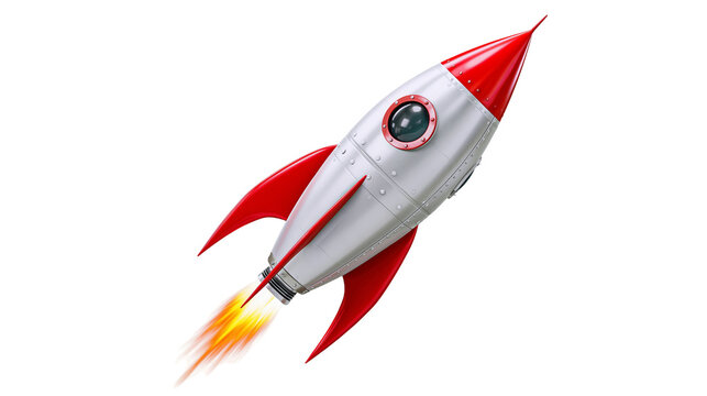 Retro silver rocket with red fins and nose cone blasting off with flames