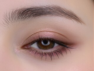 Fototapeta premium Close-up view of a human eye showing makeup details with soft colors and clear lashes during the daytime