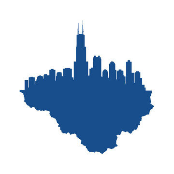 Chicago city skyline silhouette merged with illinois state map