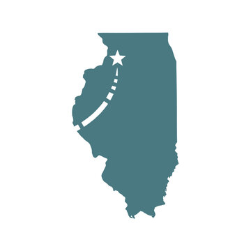 Illinois state map silhouette with travel path and destination star