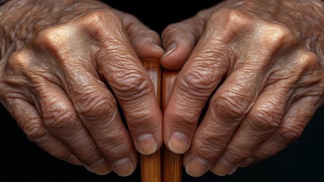 A close-up of old, wrinkled hands resting on a wooden bench. The focus is on the textures and lines of the skin, reflecting age and wisdom.