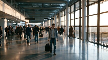 Obraz premium A man walks through a spacious airport terminal carrying luggage while other travelers move around him under bright natural light