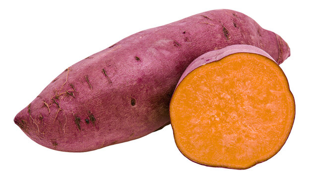 Purple sweet potato cut in half showing orange flesh