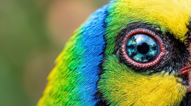 Colorful parrot head with vibrant feathers and detailed eye close up macro photography for pc wallpaper