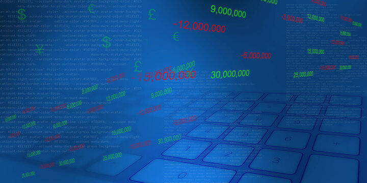 Abstract financial technology background with blue keypad grid code and currency symbols
