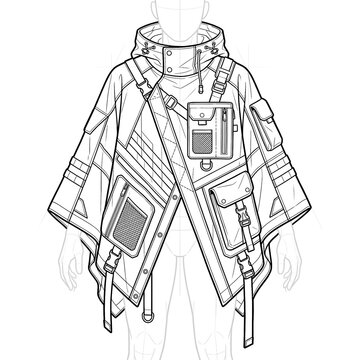 Hand drawn sketch of techwear cape covered in straps and buckles.