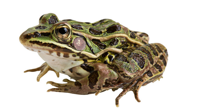 Green and brown spotted leopard frog with bulging eyes