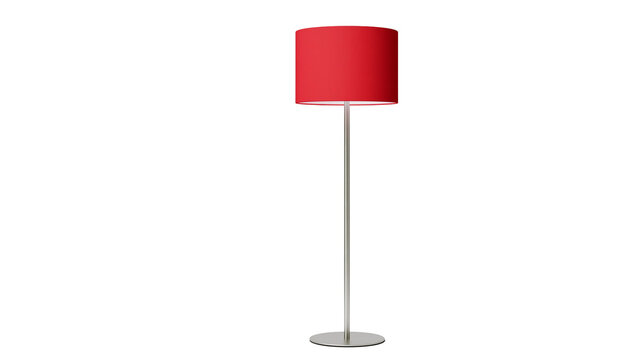 Red cylinder lampshade floor lamp with silver pole and base