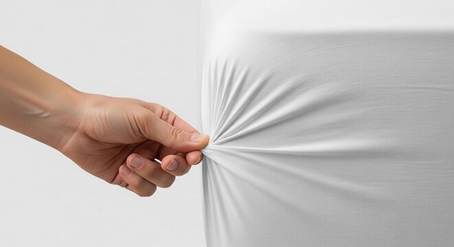 Close up of a person's hand tucking a clean white bedsheet, focusing on fabric texture and domestic task