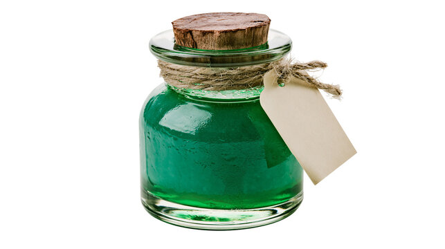 Glass potion bottle with cork and twine, filled with green liquid and a blank tag