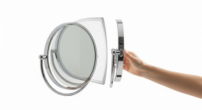 Chrome vanity magnifying mirror with adjustable arm and hand, perfect for detailed grooming tasks.