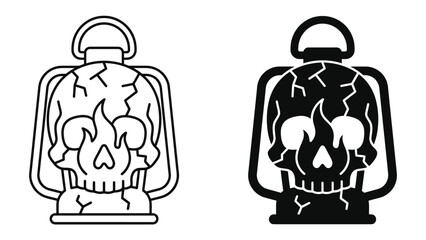 Skull Lantern Graphic: A striking graphic illustration of a lantern designed with a skull motif, featuring fiery eyes and cracked details, presented in both line art and solid silhouette versions. © Sugra