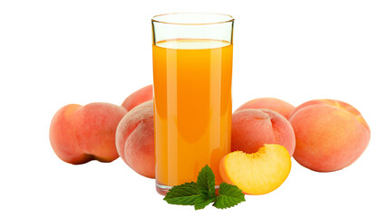 Tall glass of peach juice with whole peaches and a slice © Aino
