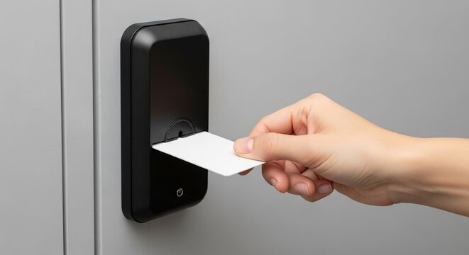 Hand inserts blank hotel keycard into black access control reader on wall