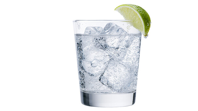 Clear carbonated drink with ice cubes and lime slice
