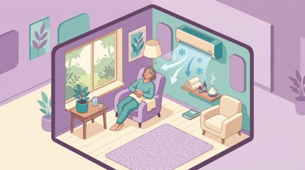 Fototapeta premium Women in midlife navigate hormonal changes as they relax in a cozy room equipped for menopausal comfort and health.