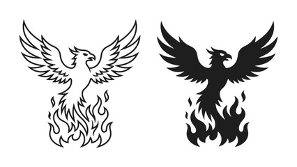 Fototapeta premium Phoenix Rebirth: Iconic mythical bird rising from flames, depicted in both silhouette and outline, symbolizing transformation, resilience, and new beginnings.