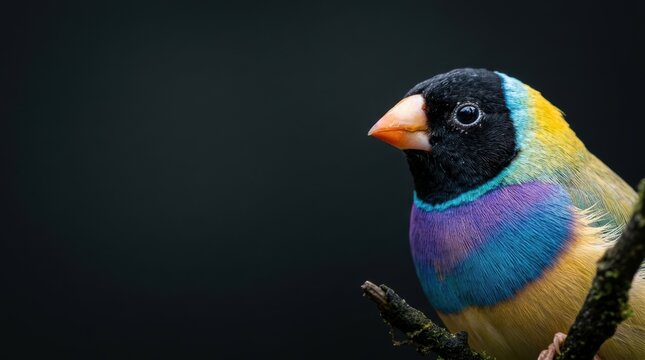 Gouldian finch bird perched on branch with vibrant colorful feathers against dark background macro photography