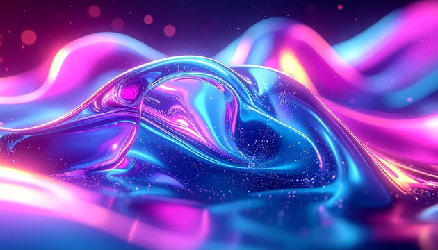 Flie&szlig;endes fl&uuml;ssiges Glas mit Neon-Leuchten, abstrakte Wellenbewegung in Cyan und Magenta, generative KI