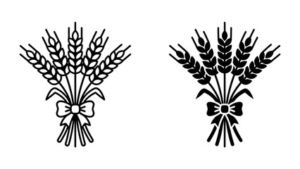 Wheat Stalks with Bow: A pair of stylized wheat stalk arrangements, one in outline and the other in solid black, tied together with a decorative bow. Symbolizing harvest and abundance. © Md