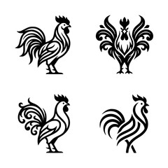Rooster and cockerel vector silhouette logo set featuring elegant tribal line art and minimalist farm icons © MdSabbir