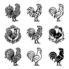 Rooster and chicken vector line icon set featuring geometric tribal silhouette and vintage crest shield logos © MdSabbir