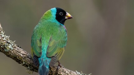 Fototapeta premium Gouldian finch bird perched on branch with vibrant green blue feathers and black head macro photography