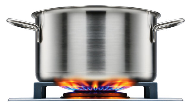 Stainless steel pot cooking on gas stove with blue and orange flames