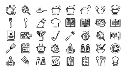 Fototapeta premium Kitchen cooking vector outline icons set culinary symbols for restaurant menu recipe book food preparation utensils line art elements